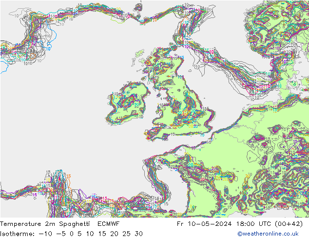 Temperature 2m Spaghetti ECMWF Fr 10.05.2024 18 UTC