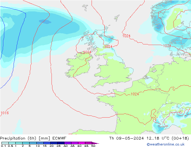 Precipitation (6h) ECMWF Th 09.05.2024 18 UTC