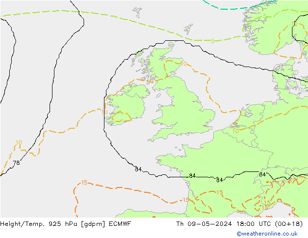 Height/Temp. 925 hPa ECMWF czw. 09.05.2024 18 UTC