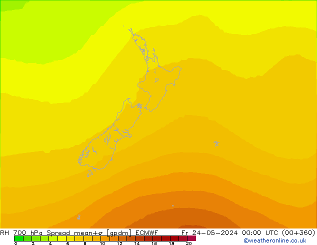 Humedad rel. 700hPa Spread ECMWF vie 24.05.2024 00 UTC