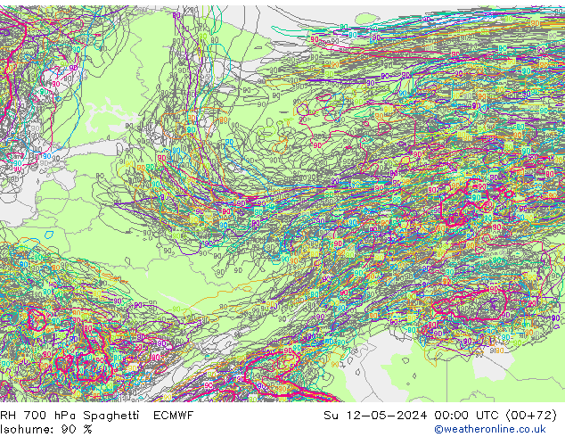 RH 700 hPa Spaghetti ECMWF Dom 12.05.2024 00 UTC