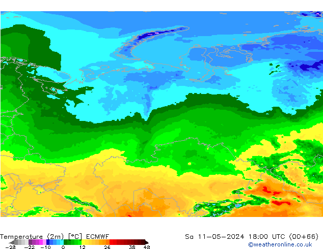 mapa temperatury (2m) ECMWF so. 11.05.2024 18 UTC