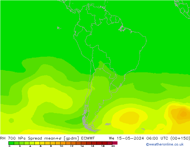 Humidité rel. 700 hPa Spread ECMWF mer 15.05.2024 06 UTC