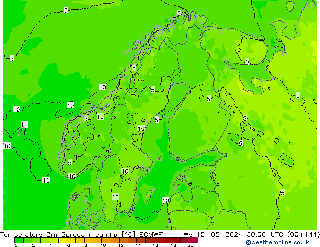 карта температуры Spread ECMWF ср 15.05.2024 00 UTC