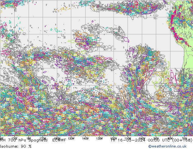 Humedad rel. 700hPa Spaghetti ECMWF jue 16.05.2024 00 UTC