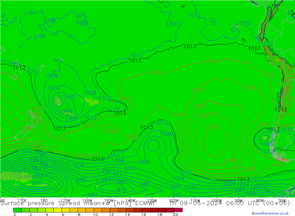 Surface pressure Spread ECMWF Th 09.05.2024 06 UTC