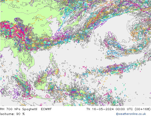 RH 700 hPa Spaghetti ECMWF Qui 16.05.2024 00 UTC