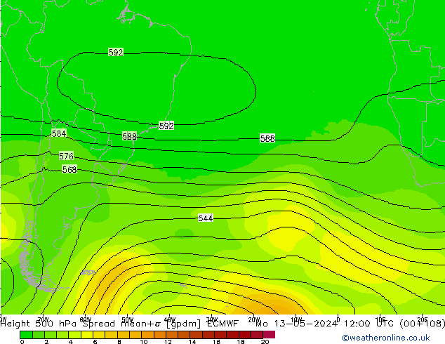 Height 500 hPa Spread ECMWF Mo 13.05.2024 12 UTC