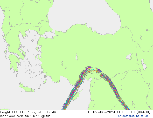 Height 500 hPa Spaghetti ECMWF Čt 09.05.2024 00 UTC