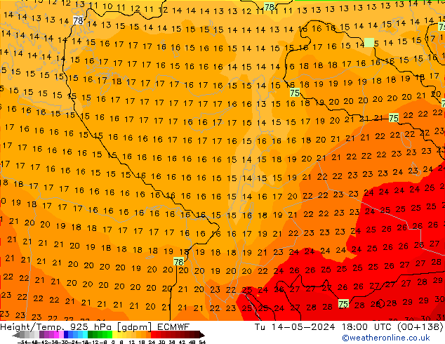 Hoogte/Temp. 925 hPa ECMWF di 14.05.2024 18 UTC