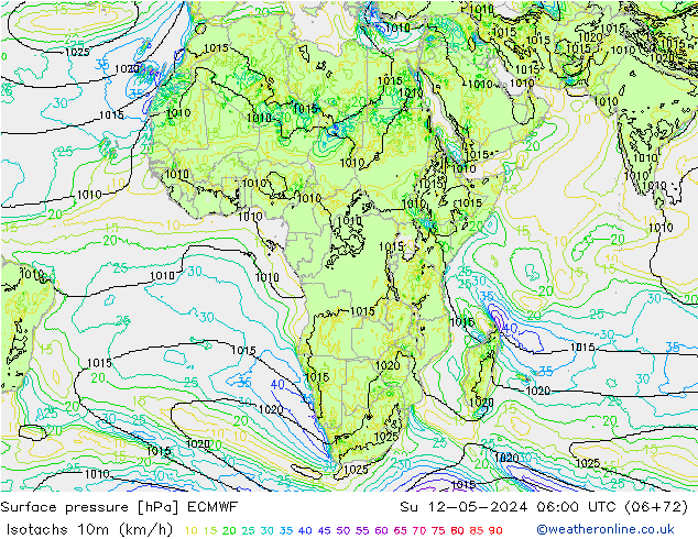 Isotachs (kph) ECMWF Su 12.05.2024 06 UTC