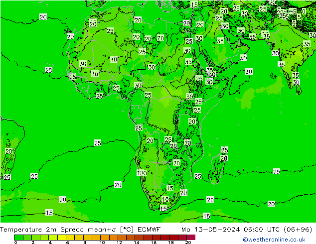 Temperatuurkaart Spread ECMWF ma 13.05.2024 06 UTC