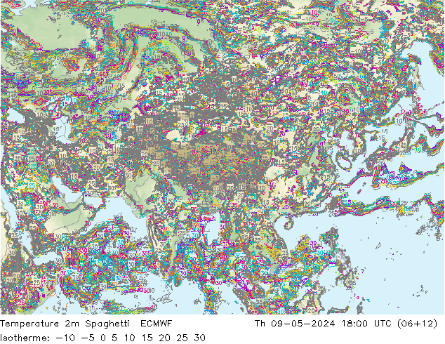 Temperature 2m Spaghetti ECMWF Th 09.05.2024 18 UTC