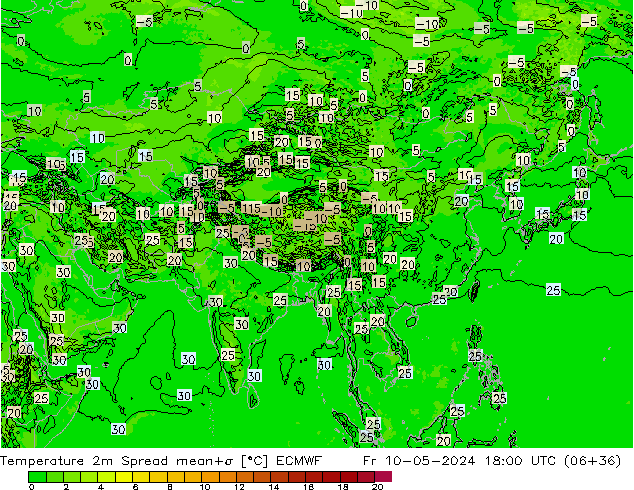 Temperatuurkaart Spread ECMWF vr 10.05.2024 18 UTC