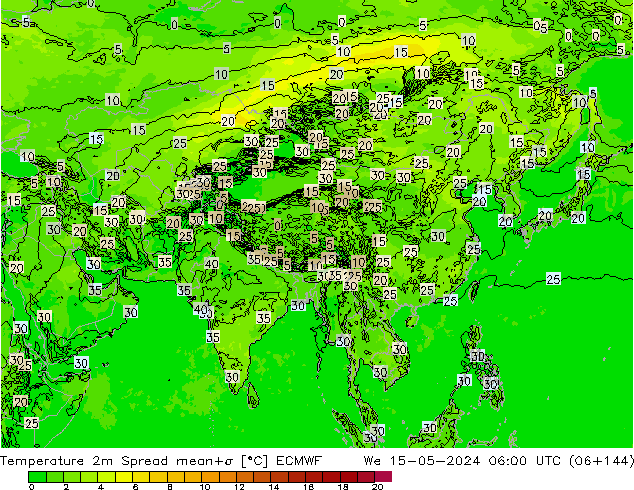 Temperature 2m Spread ECMWF We 15.05.2024 06 UTC