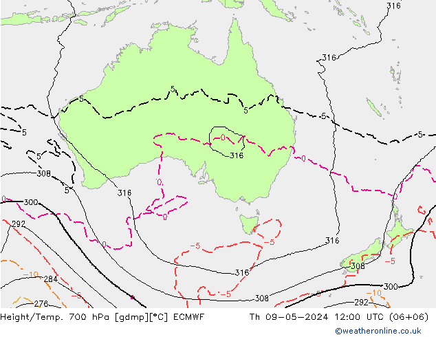 Height/Temp. 700 hPa ECMWF czw. 09.05.2024 12 UTC