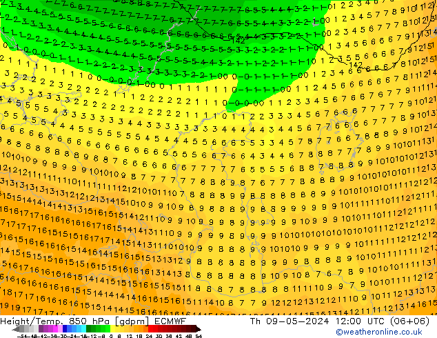 Height/Temp. 850 hPa ECMWF Qui 09.05.2024 12 UTC