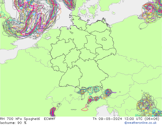 RH 700 hPa Spaghetti ECMWF czw. 09.05.2024 12 UTC