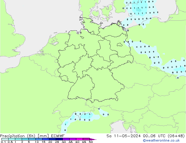 Precipitation (6h) ECMWF Sa 11.05.2024 06 UTC