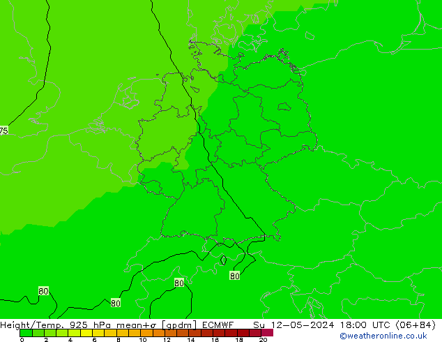 Height/Temp. 925 hPa ECMWF dom 12.05.2024 18 UTC