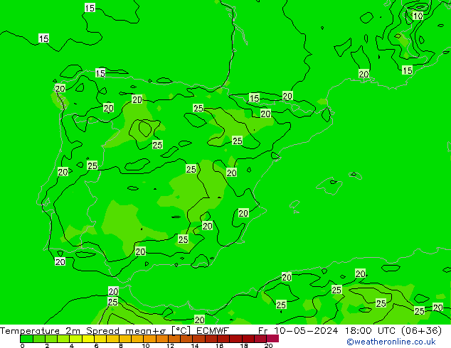 Temperatura 2m Spread ECMWF ven 10.05.2024 18 UTC