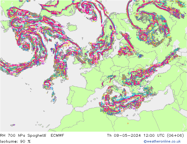 RH 700 hPa Spaghetti ECMWF 星期四 09.05.2024 12 UTC