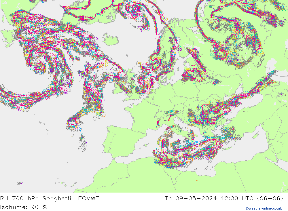 RH 700 hPa Spaghetti ECMWF Th 09.05.2024 12 UTC