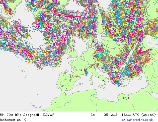 RH 700 hPa Spaghetti ECMWF Sa 11.05.2024 18 UTC