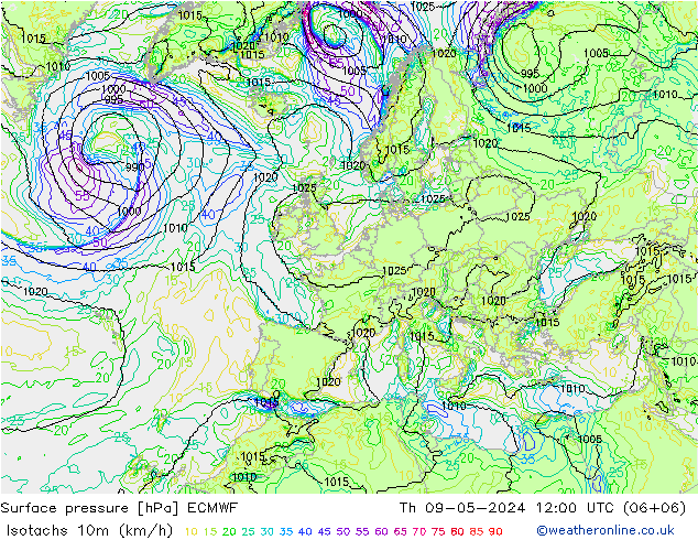 10米等风速线 (kph) ECMWF 星期四 09.05.2024 12 UTC