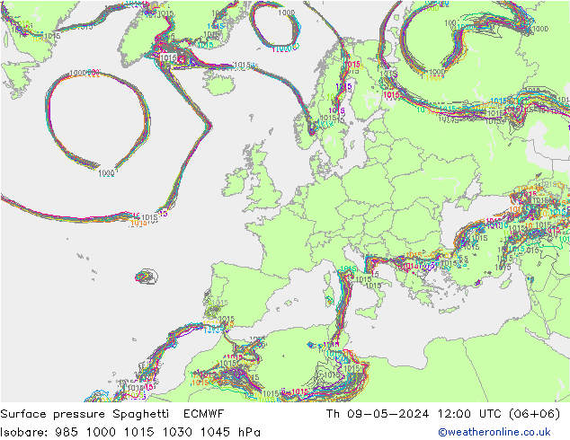 地面气压 Spaghetti ECMWF 星期四 09.05.2024 12 UTC