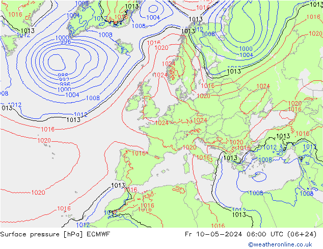 Atmosférický tlak ECMWF Pá 10.05.2024 06 UTC