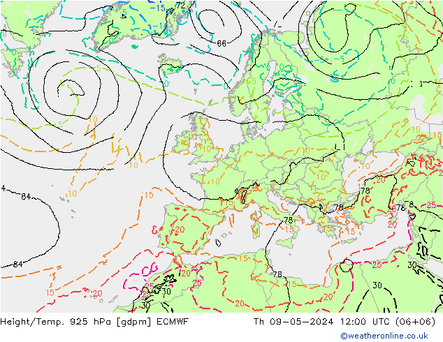 Height/Temp. 925 hPa ECMWF Th 09.05.2024 12 UTC
