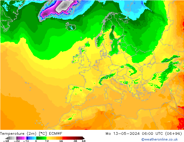 Temperature (2m) ECMWF Mo 13.05.2024 06 UTC