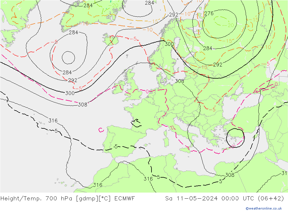 Height/Temp. 700 hPa ECMWF Sa 11.05.2024 00 UTC