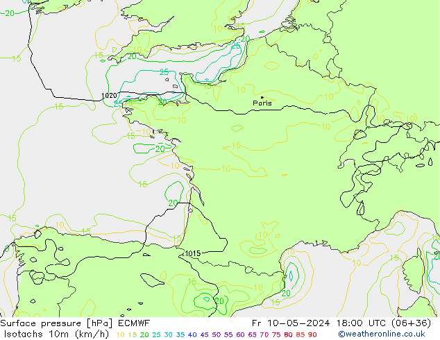 Isotachs (kph) ECMWF Sex 10.05.2024 18 UTC