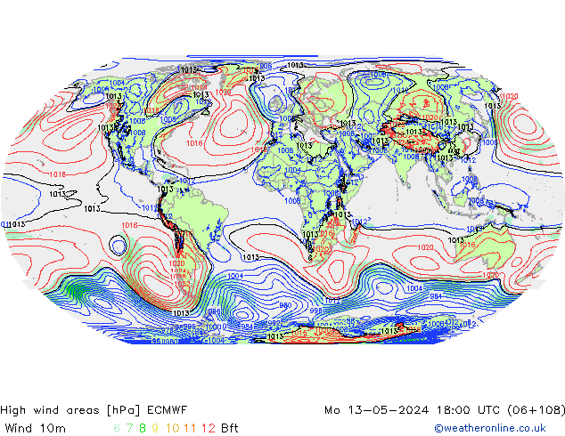 Izotacha ECMWF pon. 13.05.2024 18 UTC