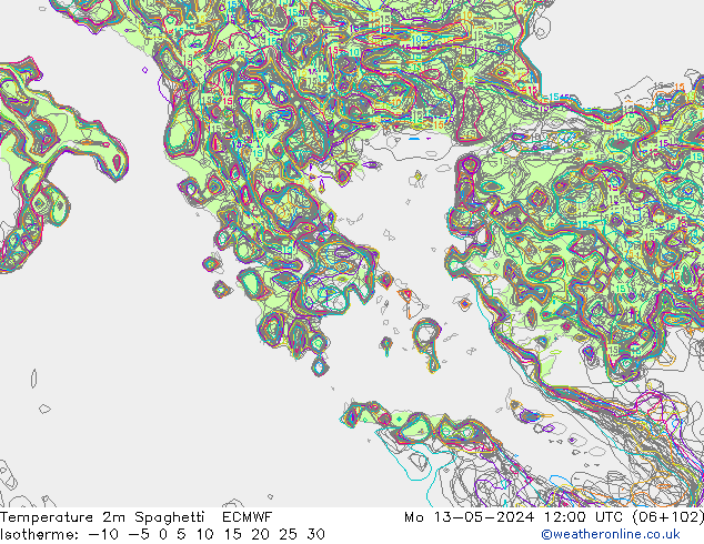 Temperatura 2m Spaghetti ECMWF Seg 13.05.2024 12 UTC