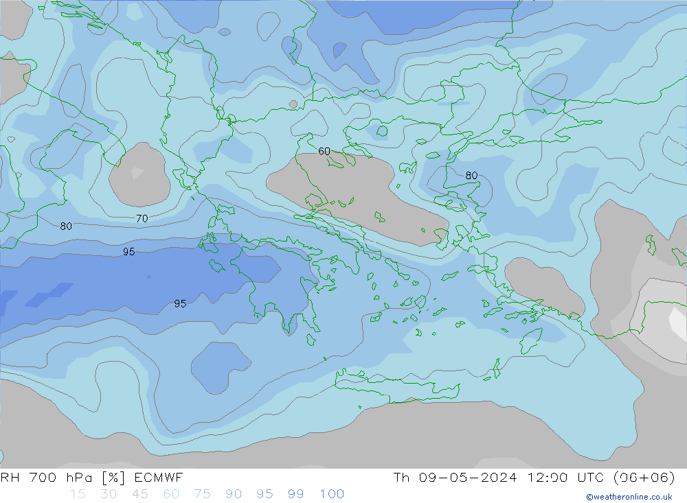 RH 700 hPa ECMWF Čt 09.05.2024 12 UTC