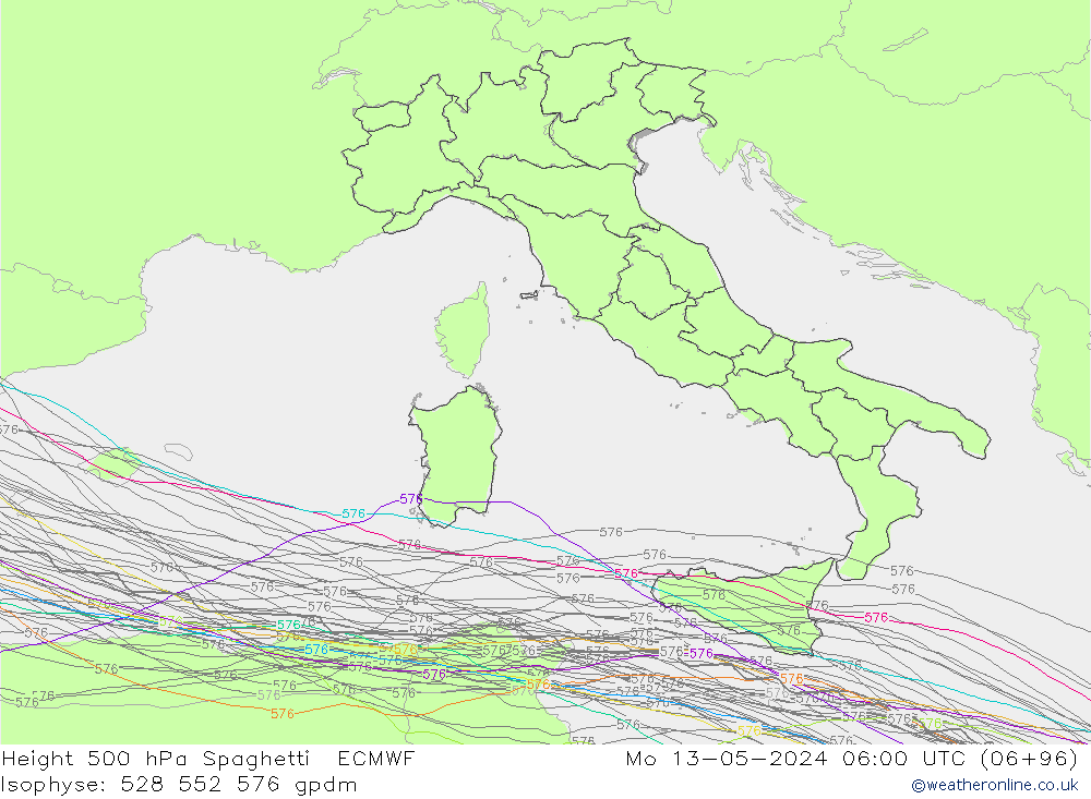 Height 500 hPa Spaghetti ECMWF Mo 13.05.2024 06 UTC
