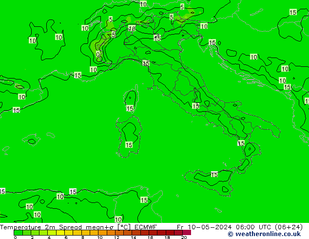 mapa temperatury 2m Spread ECMWF pt. 10.05.2024 06 UTC