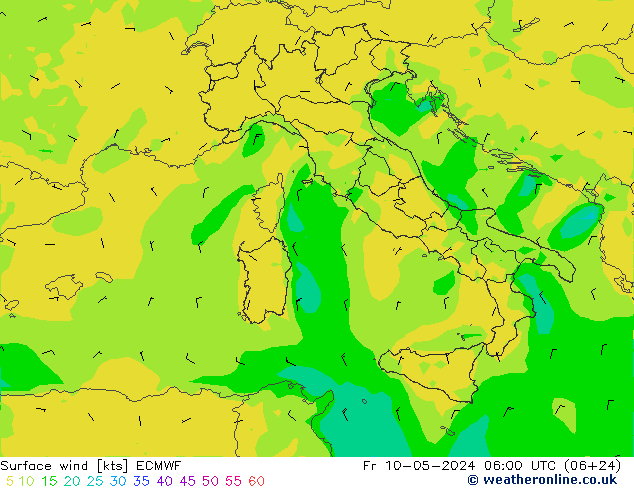 Surface wind ECMWF Pá 10.05.2024 06 UTC
