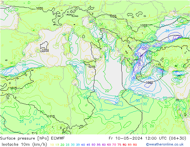 Isotachen (km/h) ECMWF vr 10.05.2024 12 UTC