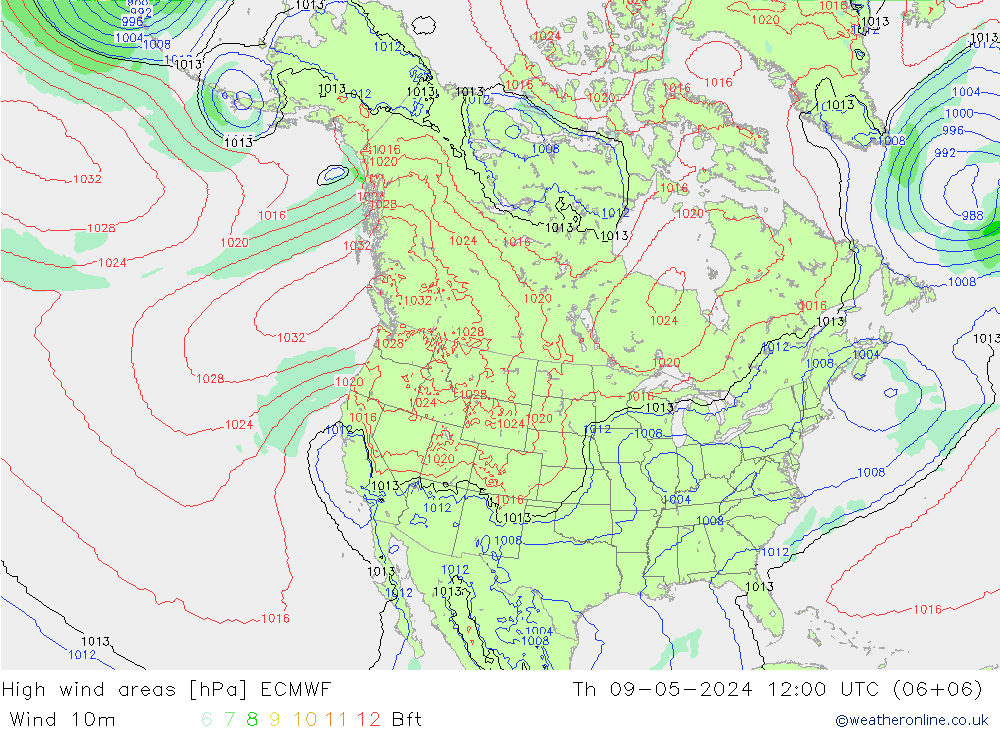 High wind areas ECMWF Čt 09.05.2024 12 UTC