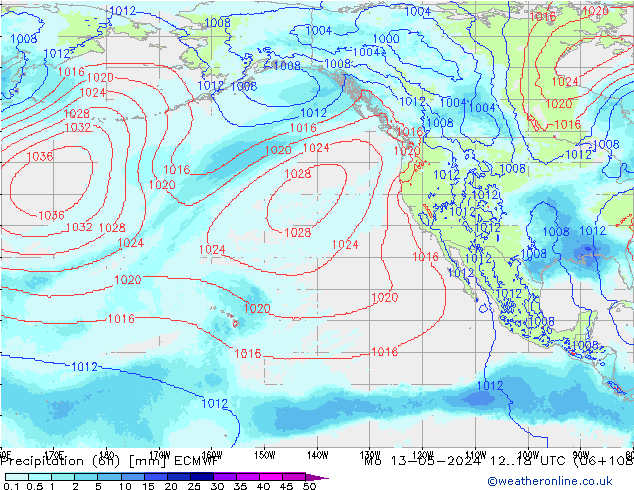 Precipitation (6h) ECMWF Po 13.05.2024 18 UTC