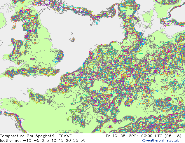 Temperatura 2m Spaghetti ECMWF ven 10.05.2024 00 UTC