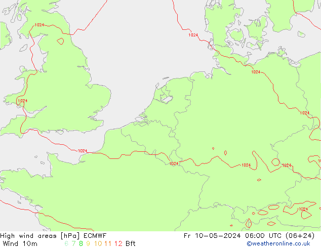 High wind areas ECMWF Pá 10.05.2024 06 UTC