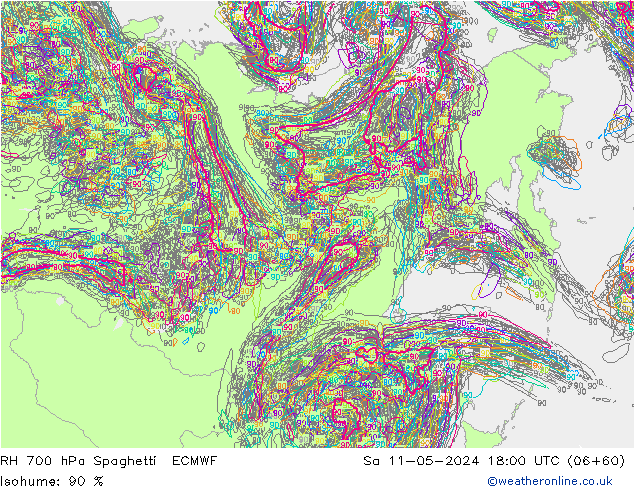 RH 700 hPa Spaghetti ECMWF sab 11.05.2024 18 UTC