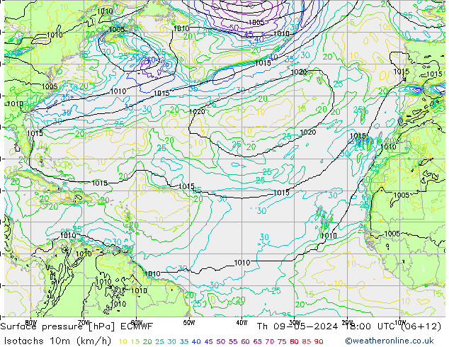 Isotaca (kph) ECMWF jue 09.05.2024 18 UTC