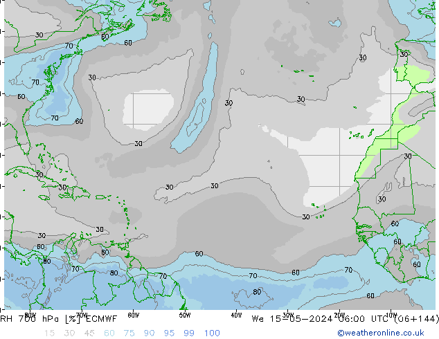 Humedad rel. 700hPa ECMWF mié 15.05.2024 06 UTC