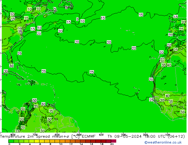 Temperatura 2m Spread ECMWF Qui 09.05.2024 18 UTC